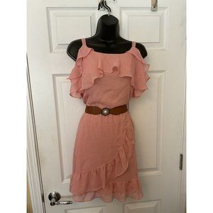 By & By Girl Peach Ruffle Dress Party Spring/Summer Belted Off The Shoulder